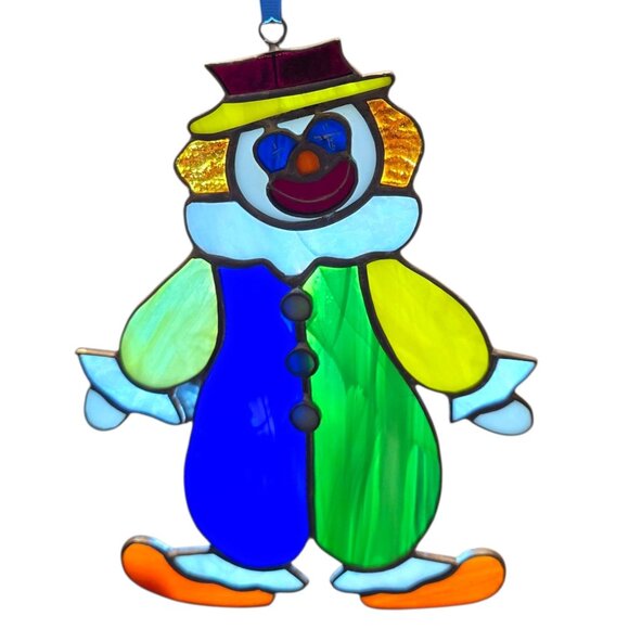 Vtg Stained Glass Clown Suncatcher Hanging Decoration Whimsical Ornament Happy - Picture 2 of 5